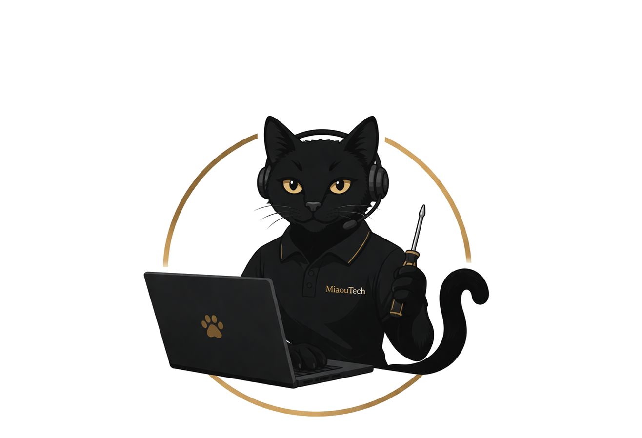 Illustration du chat MiaouTech devant un ordinateur portable